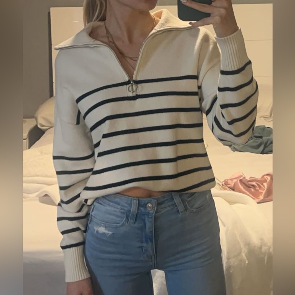 White and Black Striped Half-Zip Sweater